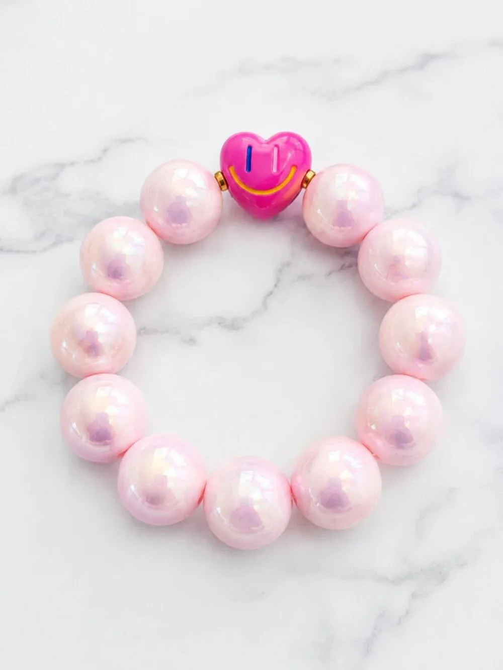 Pink Chunky Beaded Stretch Bracelet Smiley Heart Charm Y2K Jewelry